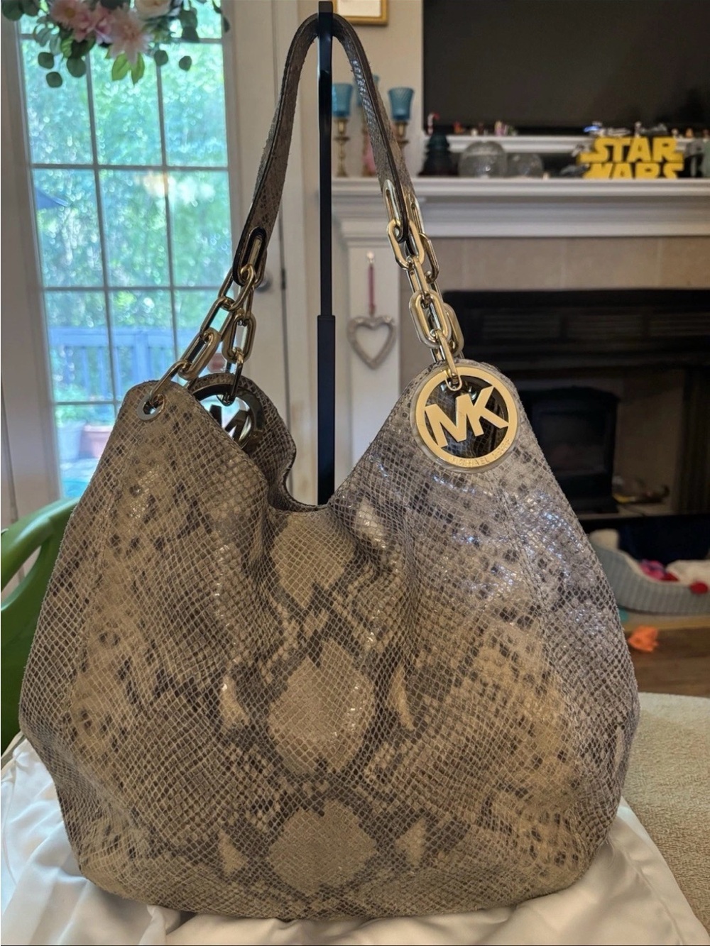 Michael Kors Beige Taupe Snake-Print Shoulder Hobo Bag